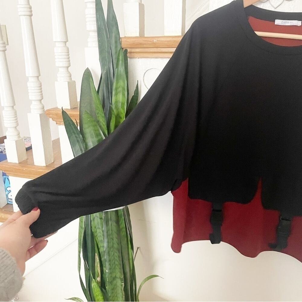 Zara Basic Black Red Color Block Long Sleeve Crew… - image 7